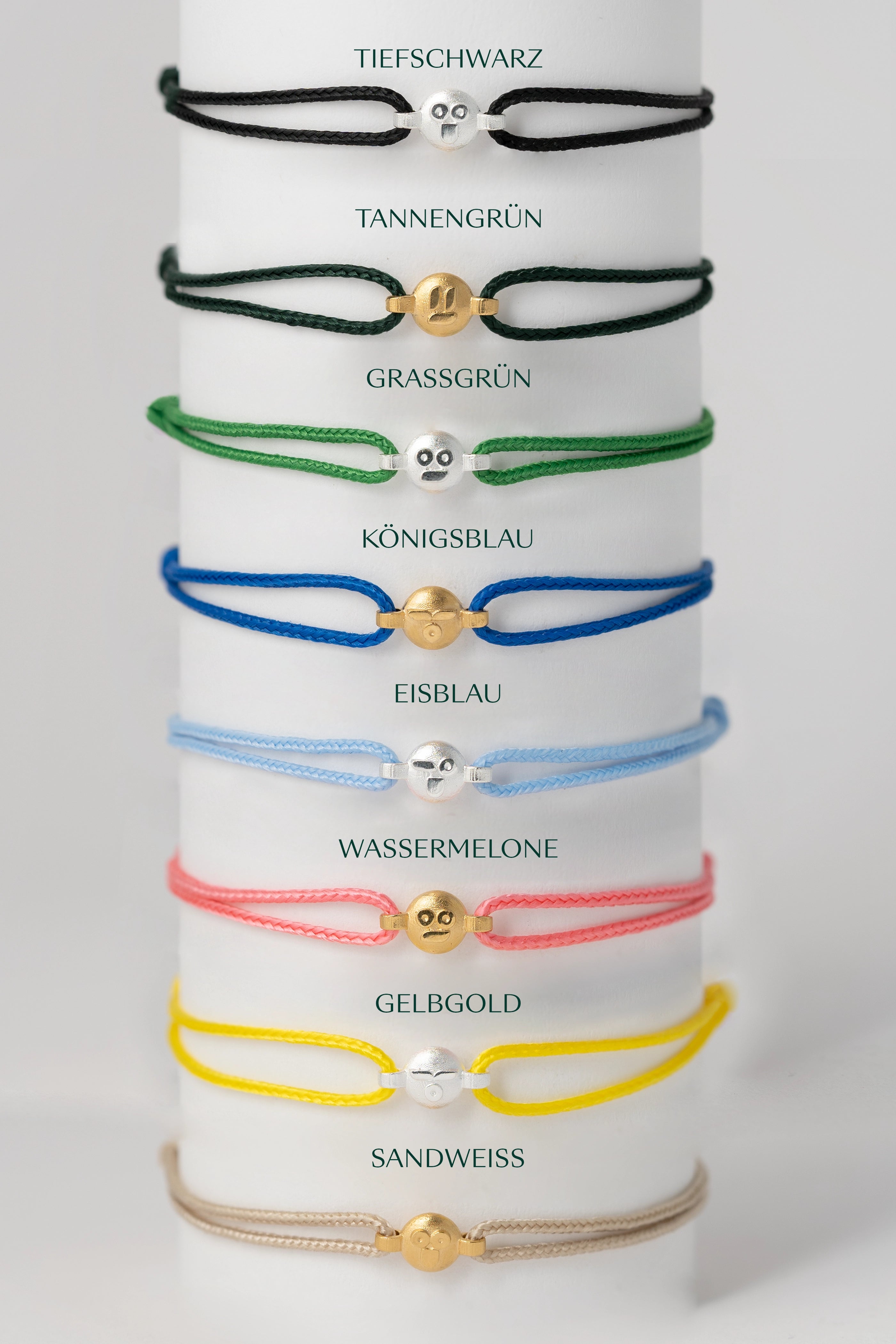 Übersicht der Vibe Bracelets in allen verfügbaren Farben, tiefschwarz, tannengrün, grassgrün, königsblau, eisblau, wassermelone, gelbgold, sandweiß